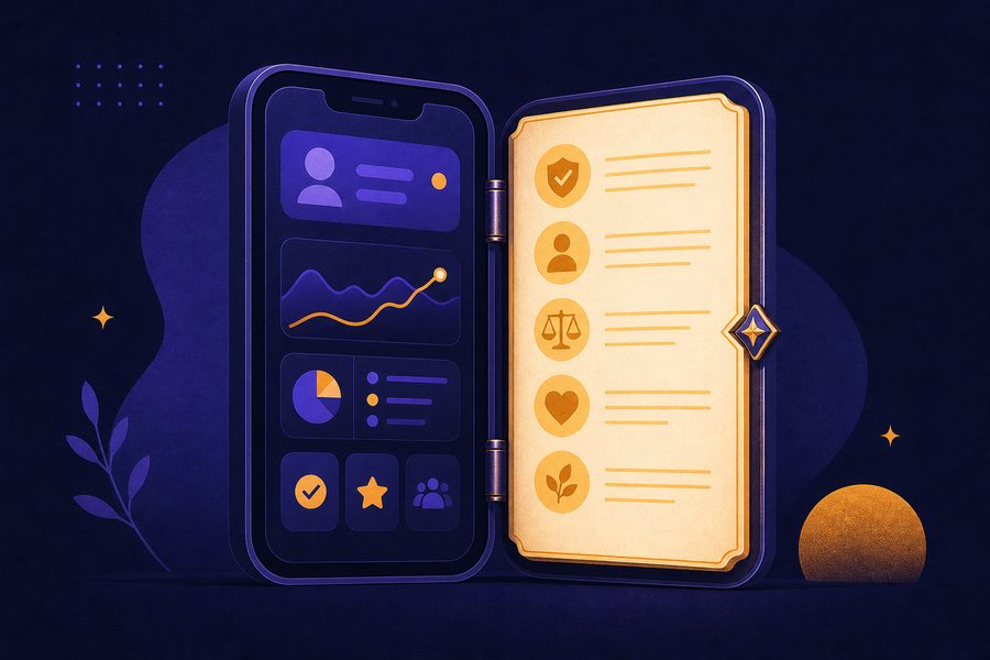 Illustration: a phone app split open like a locket — app screens on one side, a glowing page of written rules on the other.