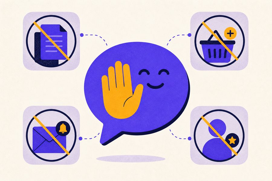 Illustration: a friendly speech bubble giving a polite stop gesture, surrounded by four crossed-out requests.